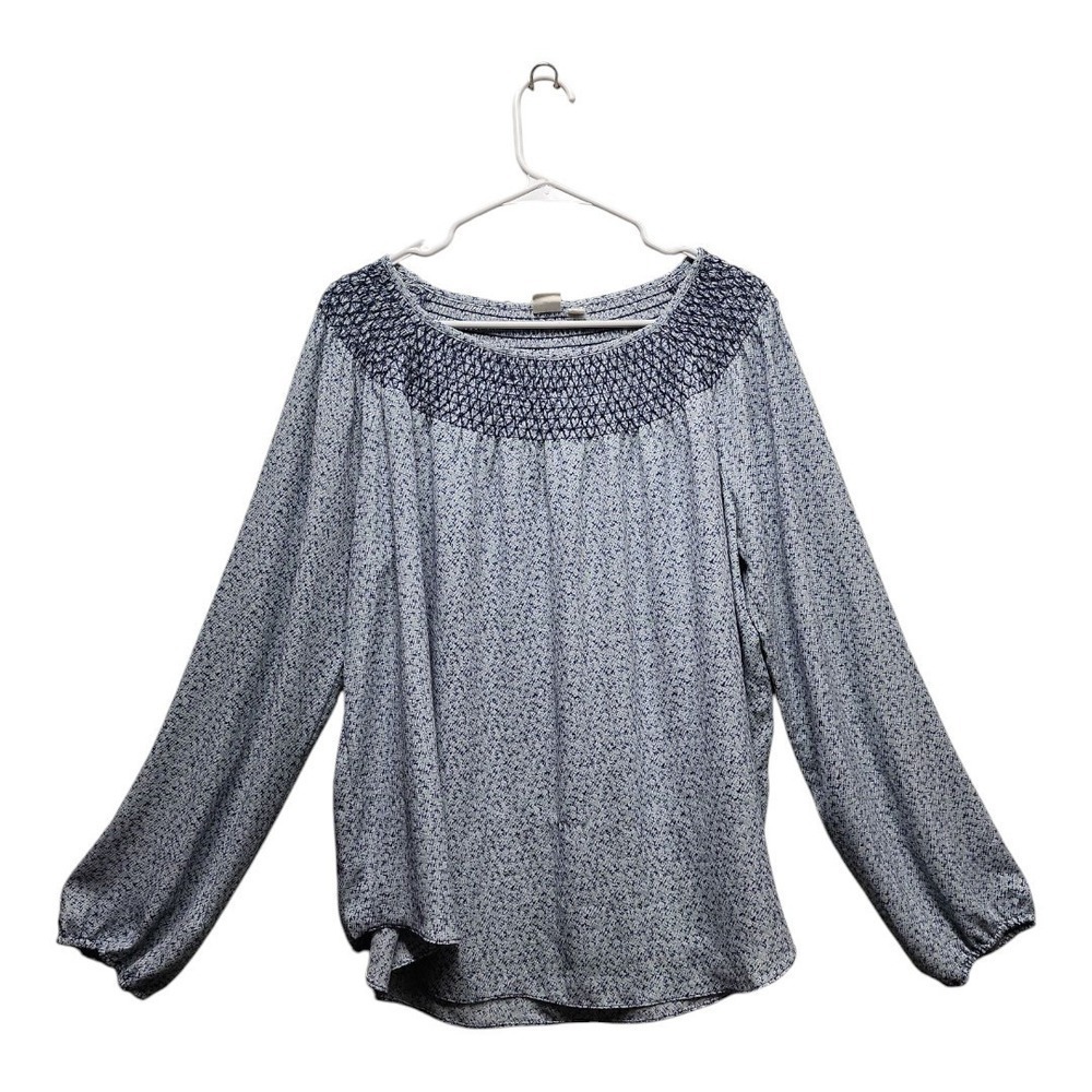 Boho Smocked Neck Blouse Romantic Peasant Top Blue White GAP L - Picture 2 of 11